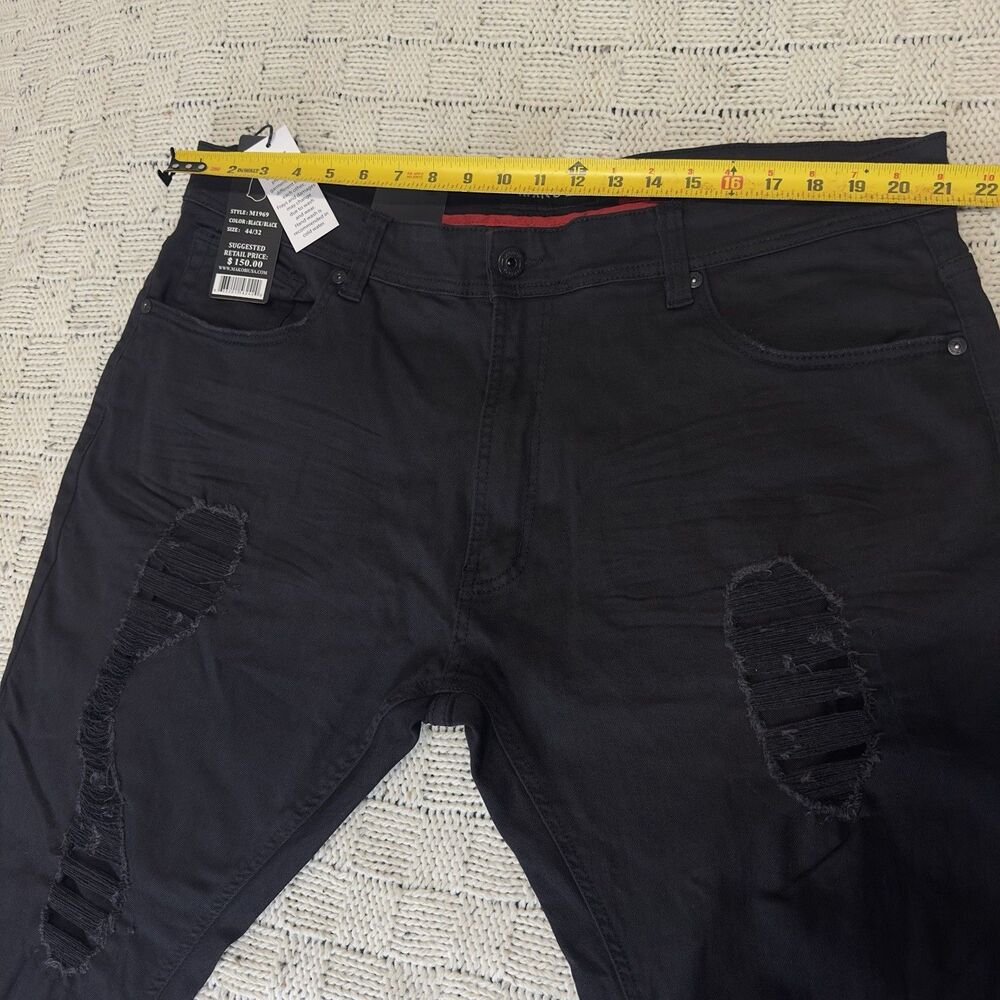 Makobi Men’s Jeans 44x32 Black Distressed Ripped Stretch Slim Fit NWT M1969 - Picture 6 of 11